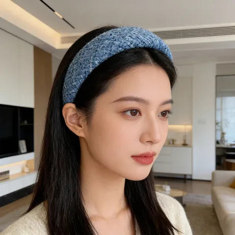 Women Vintage Tweed Padded Headband Wide Brim Thickened Sponge Hair Hoop Korean Style Retro Plaid Handmade Hair Accessories