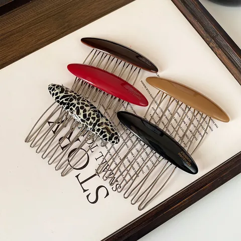 French Acetate Hair Comb For Women Minimalist Vintage Hair Side Comb Updo Hair Styling Tool Leopard Marble Pattern Hair Fork Clip