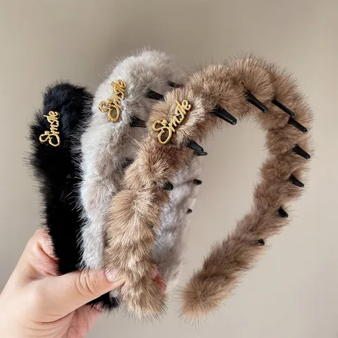 Cerchietto in Peluche Autunno Inverno per Donna Con Lettera Smile in Metallo Oro Cerchietto Antiscivolo Accessori per Capelli Dolci