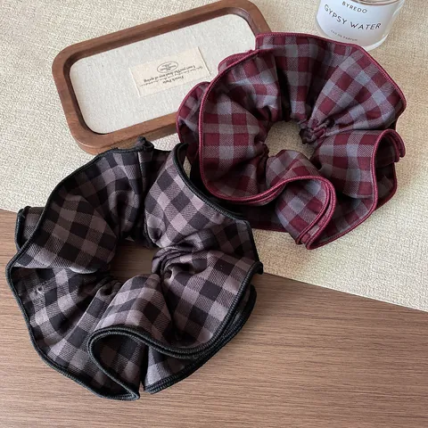 Vintage Checkered Fabric Double Layer Large Scrunchies For Women Girls Korean Style Plaid Hair Ties Ponytail Holder