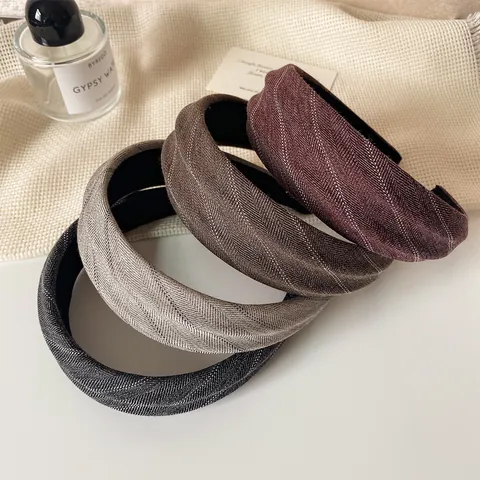 Serre-tête en Tissu à Chevrons Large de Style Coréen Rembourré pour Femmes Rétro Sergé Tissé Bandeau Accessoires de Cheveux
