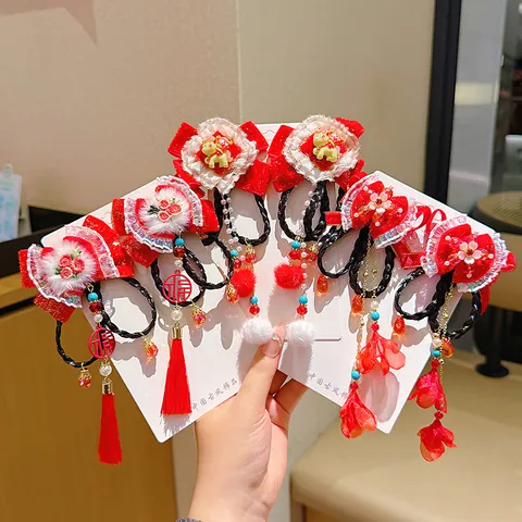 Chinese Style Kids Hair Clips Red Bow Faux Braid Tassels Lunar New Year Hanfu Accessories For Girls Headwear