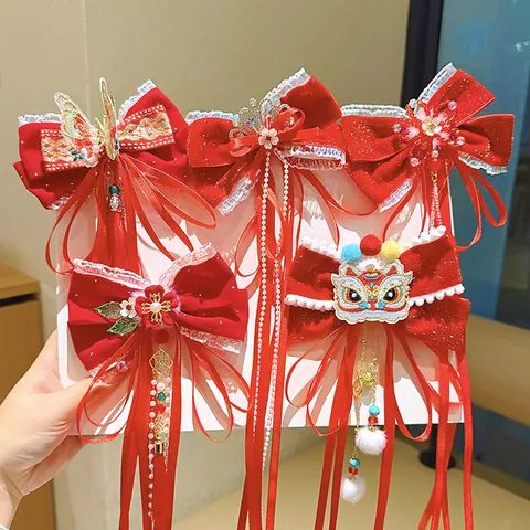 Kids Red Velvet Bow Hair Clip Chinese New Year Traditional Festive Tassel Ribbon Hairpin For Girls Hanfu Hair Accessories