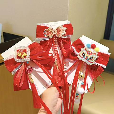 Kids Red Velvet Bow Hair Clip Chinese New Year Traditional Festive Tassel Ribbon Hairpin For Girls Hanfu Hair Accessories