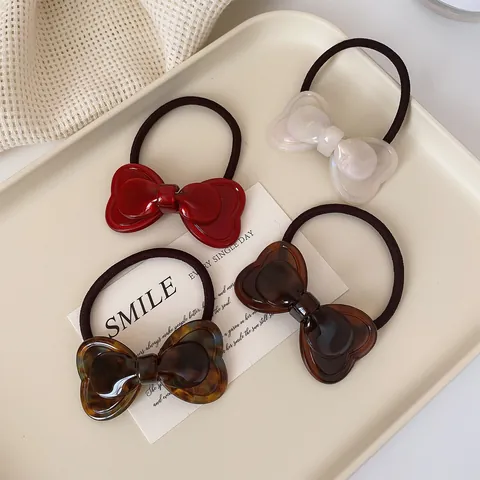 Women Korean Style Double Bowknot Hair Tie Elastic Hair Band Resin Acetate Sweet Fashion Hair Accessories For Daily Use