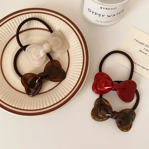 Women Korean Style Double Bowknot Hair Tie Elastic Hair Band Resin Acetate Sweet Fashion Hair Accessories For Daily Use