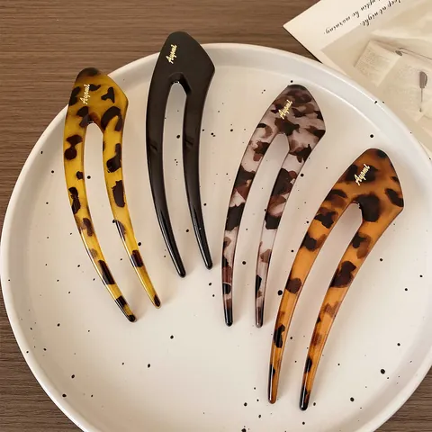 French Style U-Shaped Acetate Hair Fork For Women Minimalist Leopard Marbled Pattern Hairpin Gold Letter Hair Sticks Tool