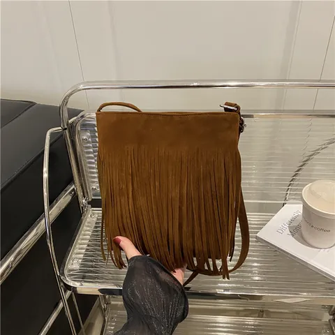 Vintage Faux Suede Fringe Crossbody Bag For Women Bohemian Tassel Shoulder Bag Retro Solid Color Messenger Bag Large Capacity