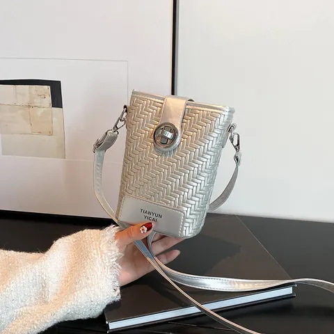 Women Woven PU Leather Crossbody Bucket Bag Small Mobile Phone Bag With Metal Turn Lock Adjustable Single Shoulder Strap