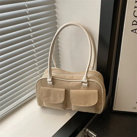 Retro Synthetic Suede Shoulder Bag For Women Contrast Stitching Double Front Pockets Fashion Tote Bag For Daily Casual Use