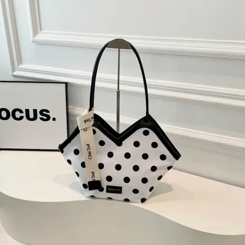 Women Large Capacity Shoulder Tote Bag Chic Polka Dot Cherry Print PU Canvas Handbag With Lettering Ribbon For Commute Travel