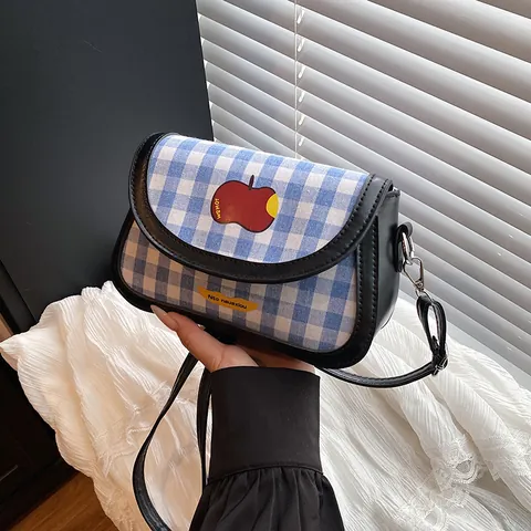 Women Gingham Checkered Crossbody Bag PU Fabric Patchwork Red Apple Decor Small Square Saddle Shoulder Bag Casual Fashion