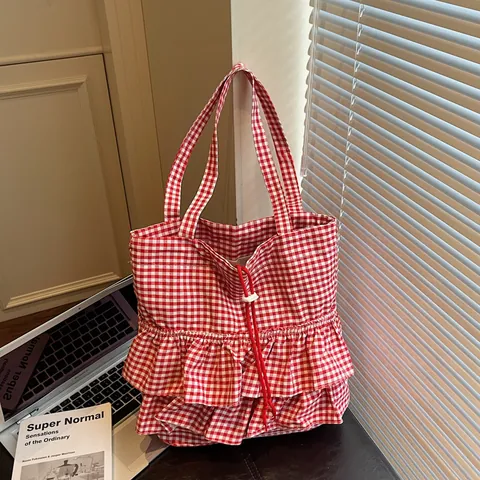 Women Gingham Ruffle Tote Bag Large Capacity Cloth Shoulder Bag Japanese Style Drawstring Closure Sweet Plaid Shopping Handbag
