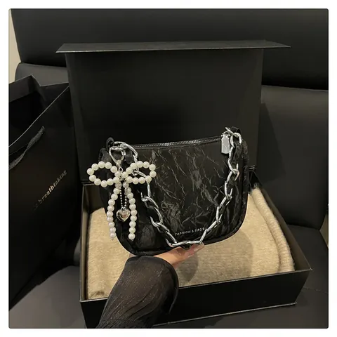 Women Fashion PU Leather Crinkled Small Square Bag With Artificial Pearl Bow Metallic Chain Crossbody Shoulder Bag For Daily Party