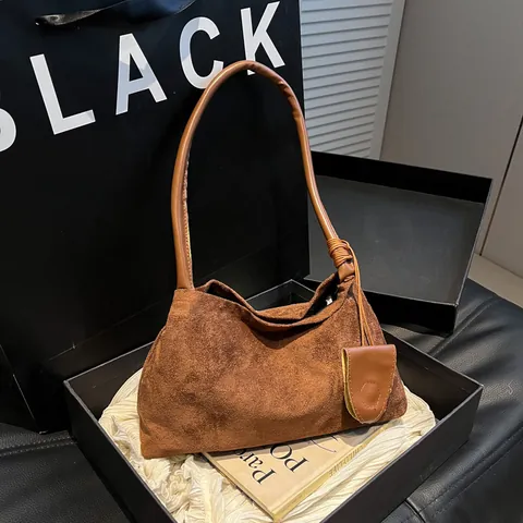 Retro Suede Underarm Bag For Women Minimalist Solid Color Shoulder Bag With Mini Hanging Pouch Fall Winter Fashion Tote Bag
