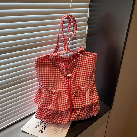 Women Gingham Canvas Tote Bag Large Capacity Cloth Shoulder Bag With Ruffles Drawstring Closure Fashion Commuter Handbag