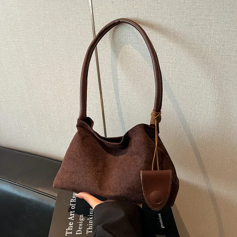 Retro Suede Underarm Bag For Women Minimalist Solid Color Shoulder Bag With Mini Hanging Pouch Fall Winter Fashion Tote Bag