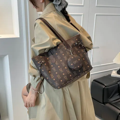 Damen Große Kapazität Tote Bag Mit Rundem Münztäschchen Vintage Bärenmuster PU Leder Schultertasche Für Alltag Henkeltasche