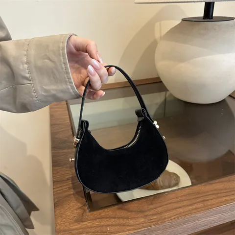 Women Mini Half Moon Suede Handbag Minimalist Solid Color Underarm Bag With Zipper Gold Hardware Fashion Purse For Daily Dating