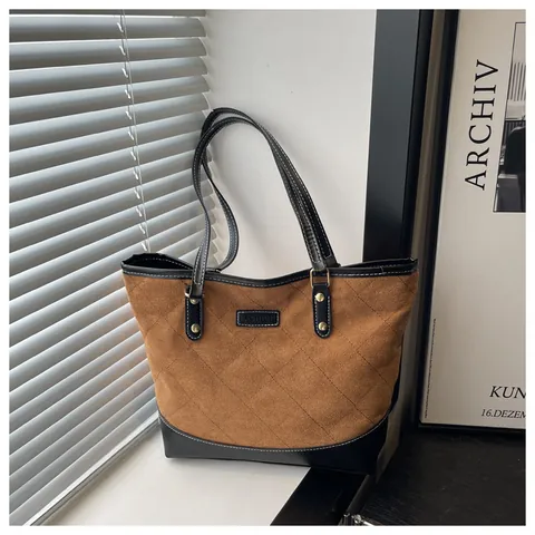 Bolso Tote Acolchado Rétro para Mujer Gran Capacidad de Cuero PU de Gamuza Costuras de Contraste Bolso de Hombro para Diario