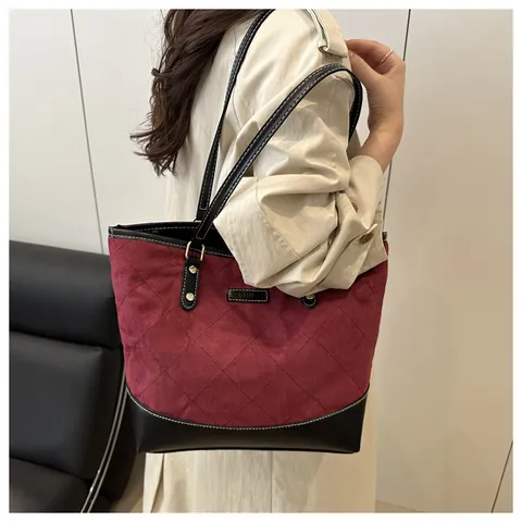 Bolso Tote Acolchado Rétro para Mujer Gran Capacidad de Cuero PU de Gamuza Costuras de Contraste Bolso de Hombro para Diario