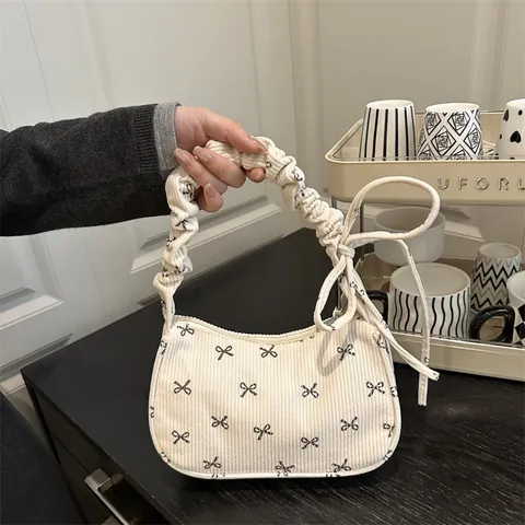 Women Sweet Corduroy Underarm Bag With Bow Pattern Scrunchie Handle Retro Casual Small Shoulder Bag For Daily Dating