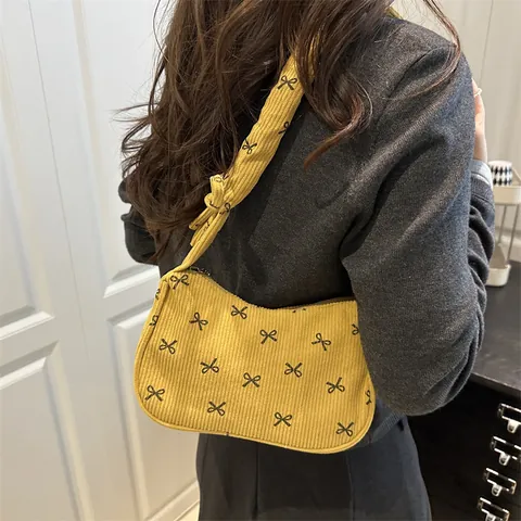 Women Sweet Corduroy Underarm Bag With Bow Pattern Scrunchie Handle Retro Casual Small Shoulder Bag For Daily Dating