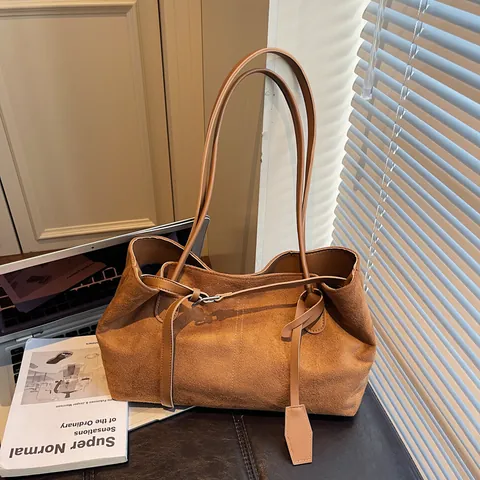 Women's Vintage Large Capacity Tote Bag Minimalist Suede Texture PU Leather Shoulder Bag Commuter Underarm Bag Solid Color