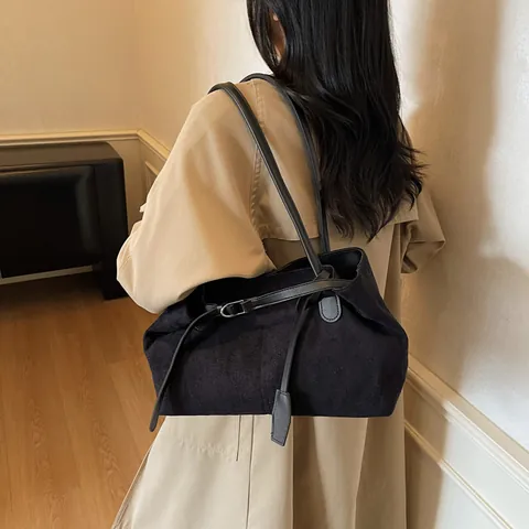 Women's Vintage Large Capacity Tote Bag Minimalist Suede Texture PU Leather Shoulder Bag Commuter Underarm Bag Solid Color