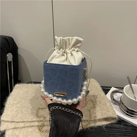 Mode Leopardenmuster Eimertasche Für Damen Eleganter Künstliche Perlengriff Kordelzug Schultertasche Mit Goldkette Umhängetasche Box Bag