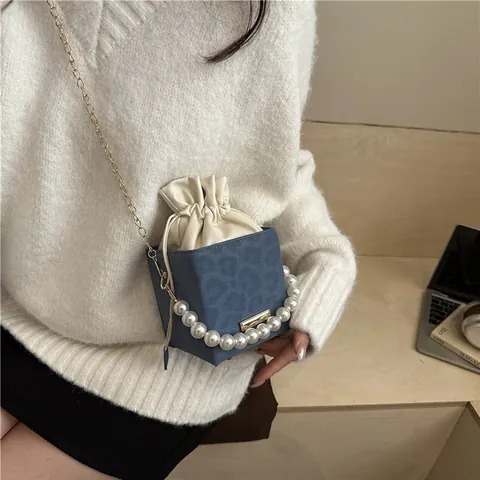Mode Leopardenmuster Eimertasche Für Damen Eleganter Künstliche Perlengriff Kordelzug Schultertasche Mit Goldkette Umhängetasche Box Bag
