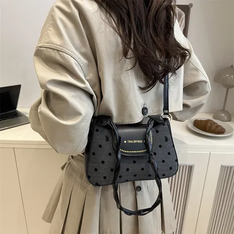 Vintage Punkte Damen Achseltasche Retro Fischgrätenmuster Schulter Umhängetasche Mit Schleife Buchstabendruck Klappe Tasche