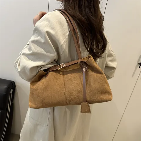 Retro Large Capacity Tote Bag Faux Suede Shoulder Handbag Women Commuter Office Bag Solid Color Magnetic Closure Purse