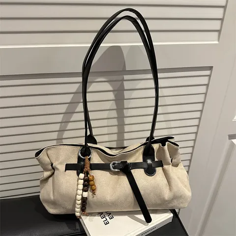 Retro Damen Wildlederimitat Umhängetasche Große Kapazität Böhmische Holzperlen Quaste Tote Handtasche Lässige Tägliche Pendeltasche