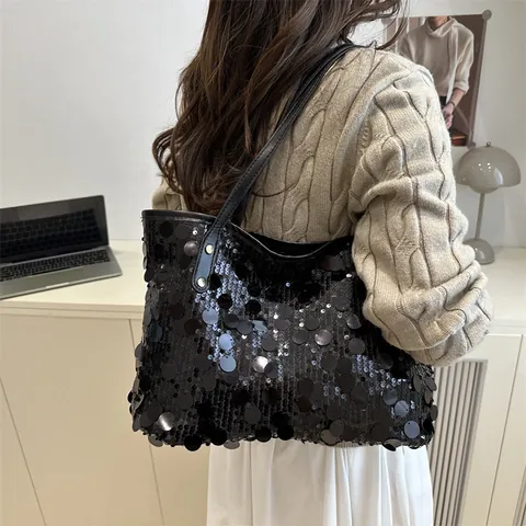 Fashion Large Capacity Sequin Tote Bag For Women Metallic Sparkly Shoulder Bag Glitter Trendy Commute Party Banquet Handbag