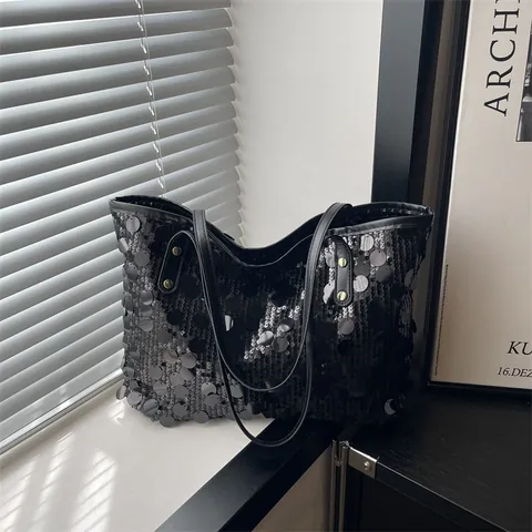 Women Large Capacity Shiny Sequin Tote Bag Trendy Metallic PU Leather Shoulder Bag Fashion Handbag For Party Daily Streetwear