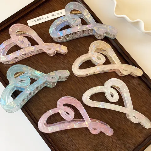 Iridescent Heart Hair Claw Clip Acrylic Transparent Hollow Shark Clip For Women Sweet Korean Style Large Hair Accessories