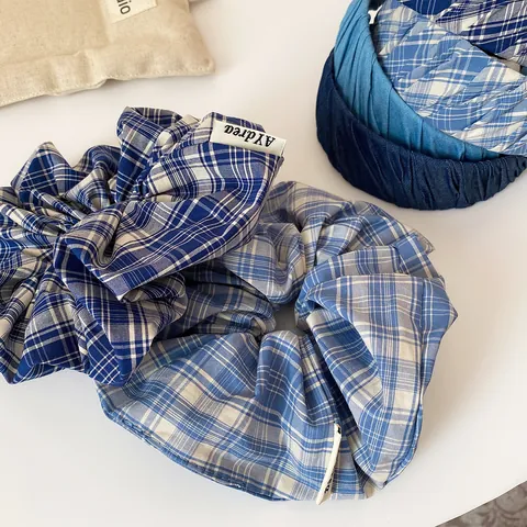 Korean Sweet Blue White Plaid Fabric Headband And Ruffle Scrunchie Combination Fresh Fashion Hair Accessories For Women