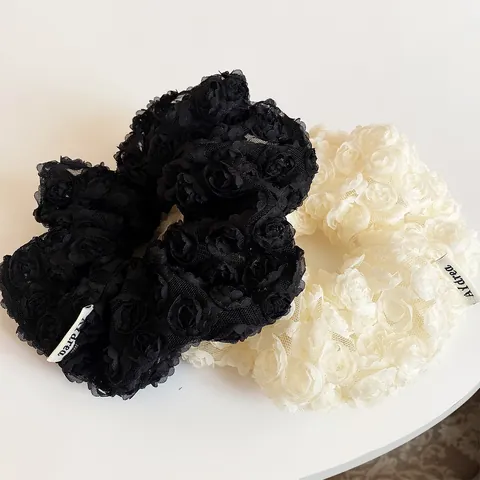 Korean Elegant Lace 3D Rose Flower Scrunchie Large Mesh Hair Tie Vintage Floral Hair Rope For Women Daily Hair Accessories