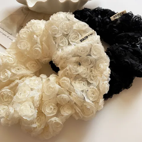 Korean Elegant Lace 3D Rose Flower Scrunchie Large Mesh Hair Tie Vintage Floral Hair Rope For Women Daily Hair Accessories