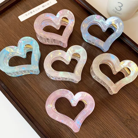 Korean Style Iridescent Acetate Hair Claw Clips Set For Women Large Hollow Heart Butterfly Square Geometric Nonslip Shark Clips Elegant Hair Accessories