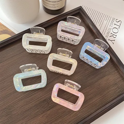 Korean Style Iridescent Acetate Hair Claw Clips Set For Women Large Hollow Heart Butterfly Square Geometric Nonslip Shark Clips Elegant Hair Accessories