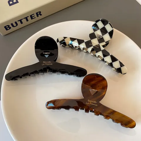 Grandes Pinces à Cheveux en Acétate Imprimé Léopard à Carreaux Style Français Tenue Forte Accessoires Cheveux Femme