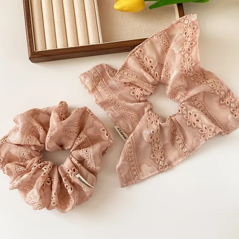 French Style Lace Edged Solid Color Scrunchie For Women Elegant Embroidery Mesh Hair Tie Floral Pattern Hair Accessory