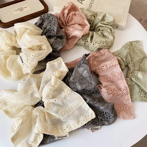French Style Lace Edged Solid Color Scrunchie For Women Elegant Embroidery Mesh Hair Tie Floral Pattern Hair Accessory