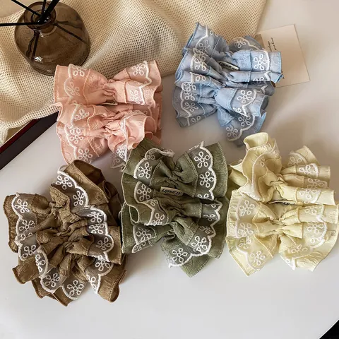 Damen Großes Lagen-Rüschen-Scrunchie Süßes Blumen-Spitzen-Stickerei-Stoff-Haargummi Koreanischer Stil Übergrößen-Haarzubehör