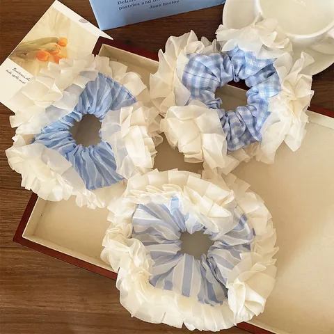 Grands Chouchous à Rayures Bleues et Blanches Carreaux Dentelle Vintage Français Organza Multi-couches Accessoires Cheveux Femme