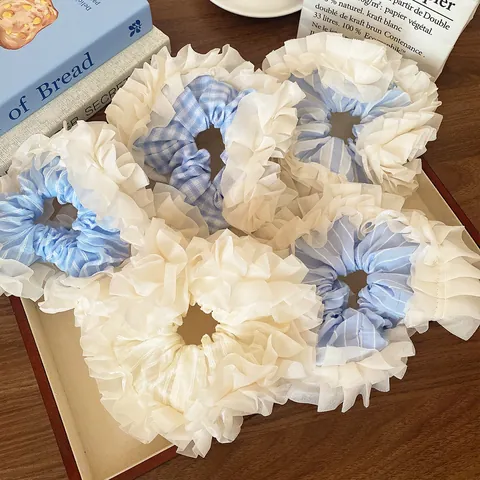 Grands Chouchous à Rayures Bleues et Blanches Carreaux Dentelle Vintage Français Organza Multi-couches Accessoires Cheveux Femme
