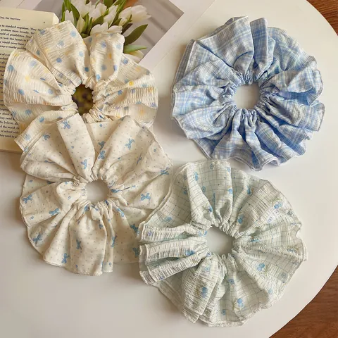 Oversized Fabric Hair Scrunchie Korean Style Polka Dot Plaid Bow Cherry Pattern Large Pleated Elastic Hair Tie Fashion Accessory Women
