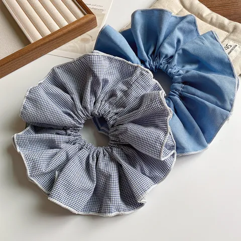 Women Vintage Denim Blue Gingham Oversized Fabric Scrunchies Sweet Ruffle Bow Hair Ties Large Elastic Ponytail Holder Accessories